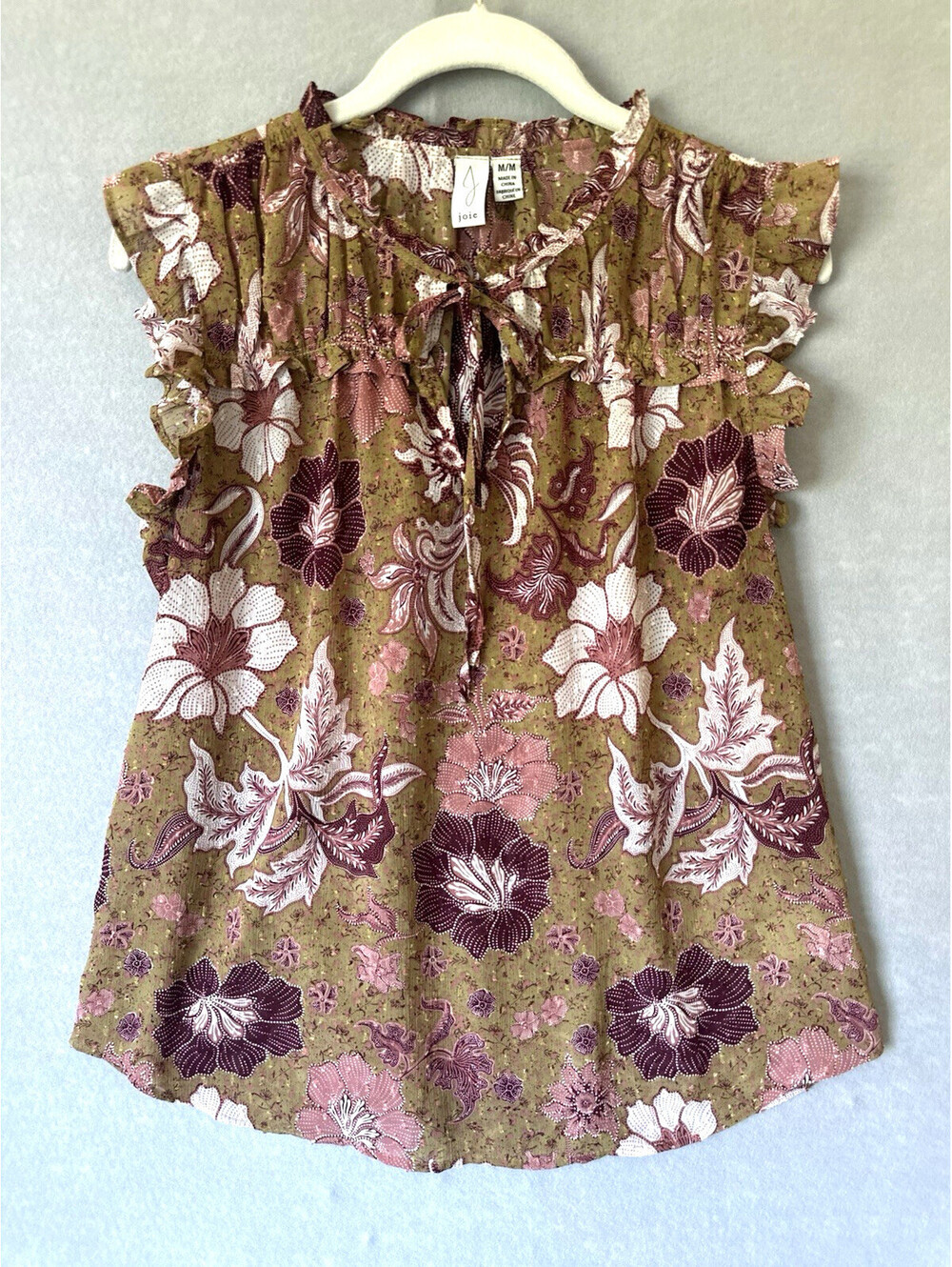 Joie Floral Silk Blend Ruffle Neck Cap Sleeve Blouse Olive Floral Lurex Medium